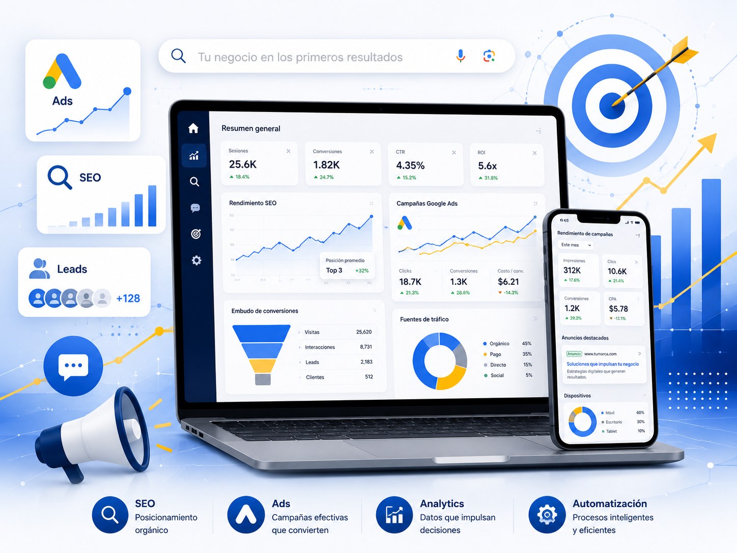 Dashboard de marketing digital con Google Ads, SEO y analítica